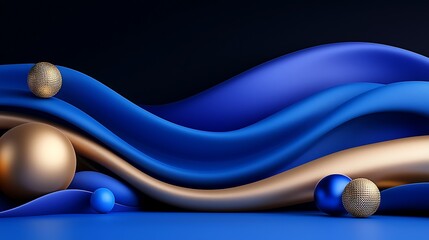 Abstract blue and gold waves with spheres.