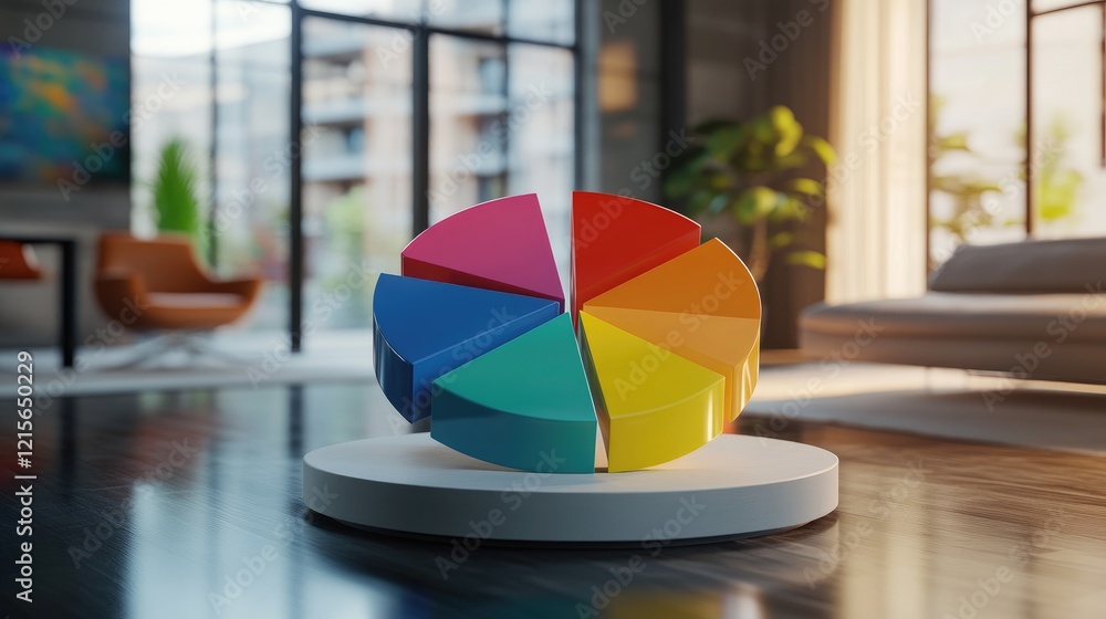 Poster a colorful d pie chart vividly displaying market share distribution, with labeled segments and dynam