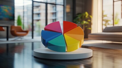 Fototapeta premium A colorful D pie chart vividly displaying market share distribution, with labeled segments and dynamic shadows, set against a sleek office background, emphasizing data visualization and analysis.