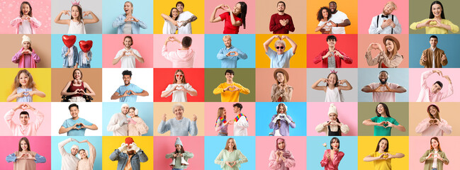 Collage of people making heart shape on color background