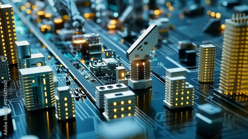 Poster robotic arms are working on a circuit board, assembling electronic components in a modern automated 