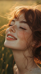 Radiant Happy Woman Smiling Amidst Glowing Lights, Capturing Joy, Positivity, and Warmth in a Dreamy, Magical Atmosphere