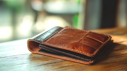 Brown leather wallet on wooden table.