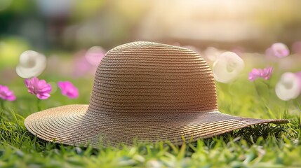 Brown sun hat resting on green grass in a field of pink flowers, bathed in sunlight.