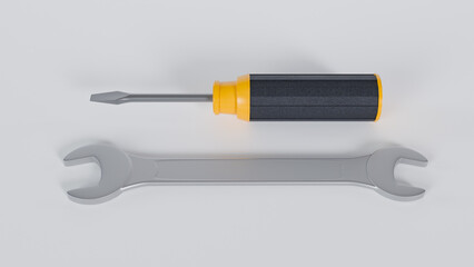 Illustration of a screwdriver and a wrench arranged together on a clean white background. Ideal for illustrating repair, maintenance, construction, DIY, and toolkit concepts.