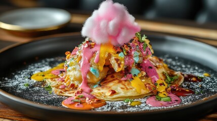 A delicious plate of freshly made roti drizzled with colorful cotton candy, showcasing a unique and visually appealing fusion of textures and flavors.