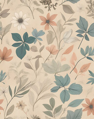A vintage botanical-inspired background with delicate hand-drawn leaves and flowers in muted pastel tones over a textured beige surface.