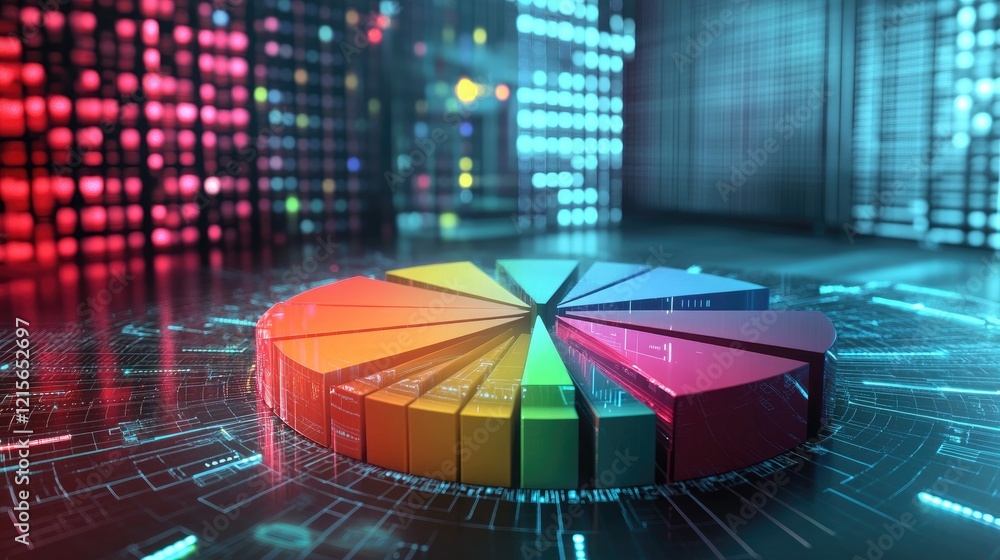 Poster a detailed d pie chart with metallic slices in various colors, symbolizing data distribution in a hi