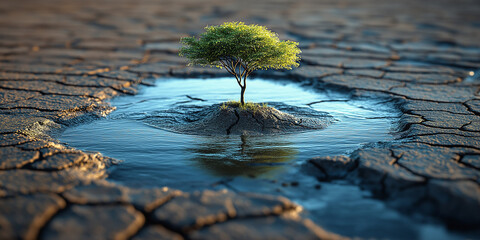Resilient tree survives in drought-stricken landscape isolated water pool nature scene dry environment close-up view hope amidst despair