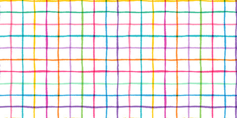 Colorful vector hand drawn summer plaid check design with thin striped lines, painted brush grunge grid background