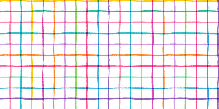 Colorful vector hand drawn summer plaid check design with thin striped lines, painted brush grunge grid background