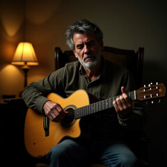 Obraz premium A man cradles a weathered, acoustic guitar, his fingers press down on the fretboard, coaxing out melancholic chords that resonate with a sadness born of memories