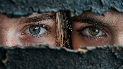 Two women's eyes peek through a torn surface