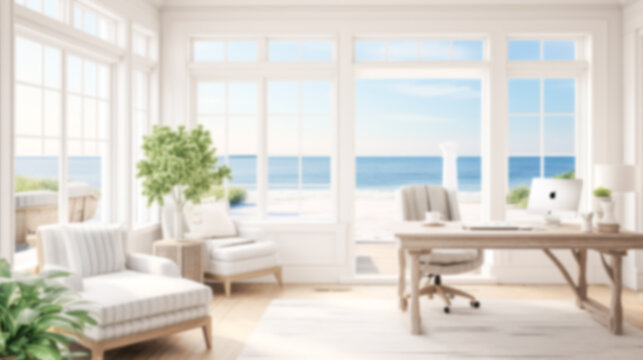 Blurred coastal office retreat with large windows offering a sea view, perfect for Zoom or Google Meet background featuring a modern workspace.

