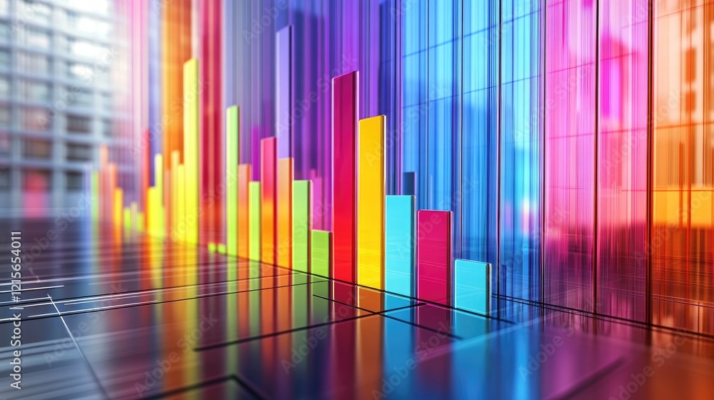 Poster a dynamic d bar chart displaying colorful data representations, with upward trends and various heigh