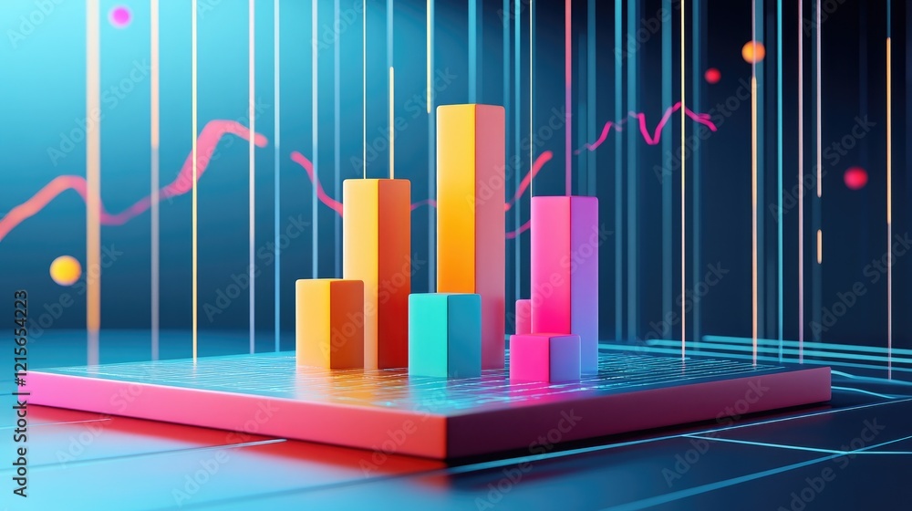 Poster a dynamic d bar graph with vibrant colors representing different financial metrics, rising from a sl