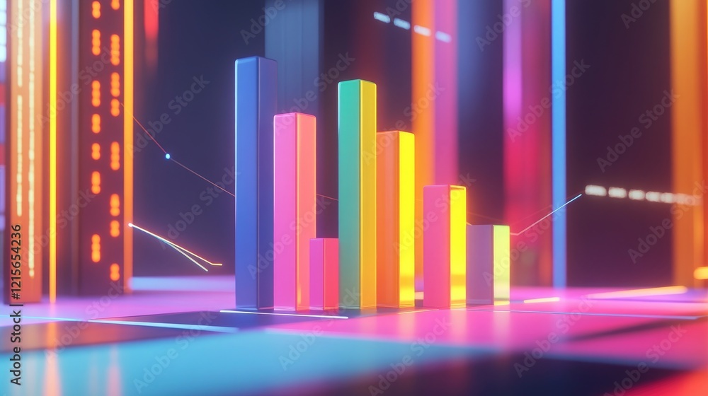 Poster a dynamic d bar graph with vibrant colors representing different financial metrics, rising from a sl