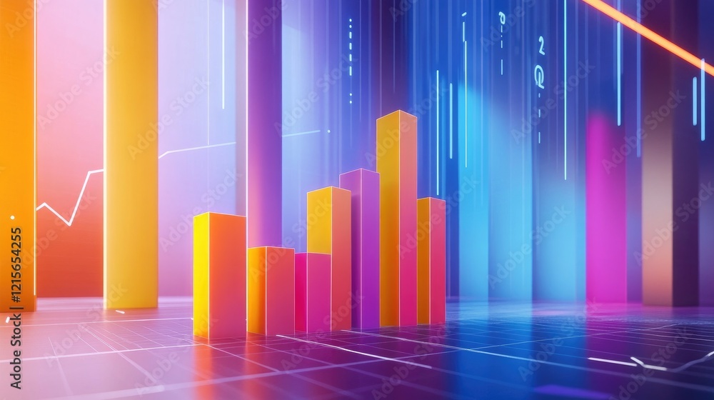 Poster a dynamic d bar graph with vibrant colors representing different financial metrics, rising from a sl