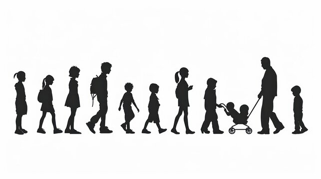 A silhouette illustrating human development, from baby to old age, arranged sequentially against a clean white background, symbolizing the life journey.
