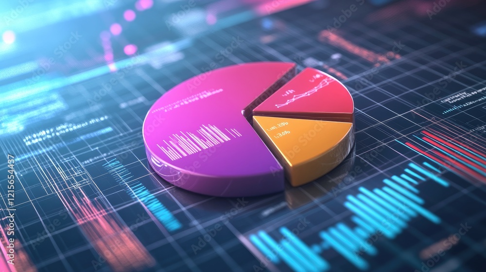 Poster a dynamic d pie chart with vibrant sections, hovering above a grid background with digital data and 