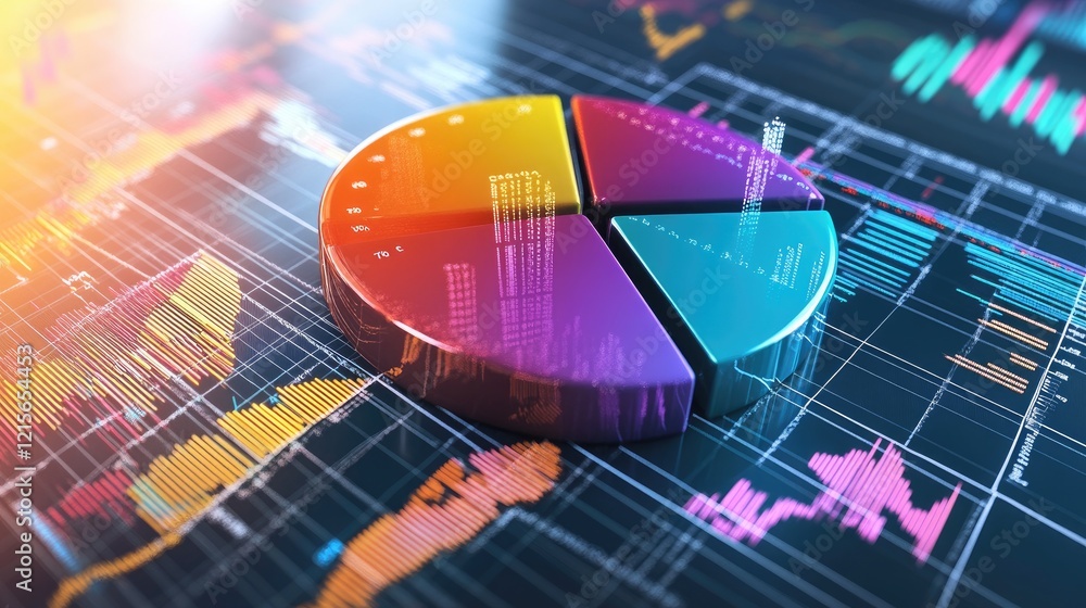 Poster a dynamic d pie chart with vibrant sections, hovering above a grid background with digital data and 