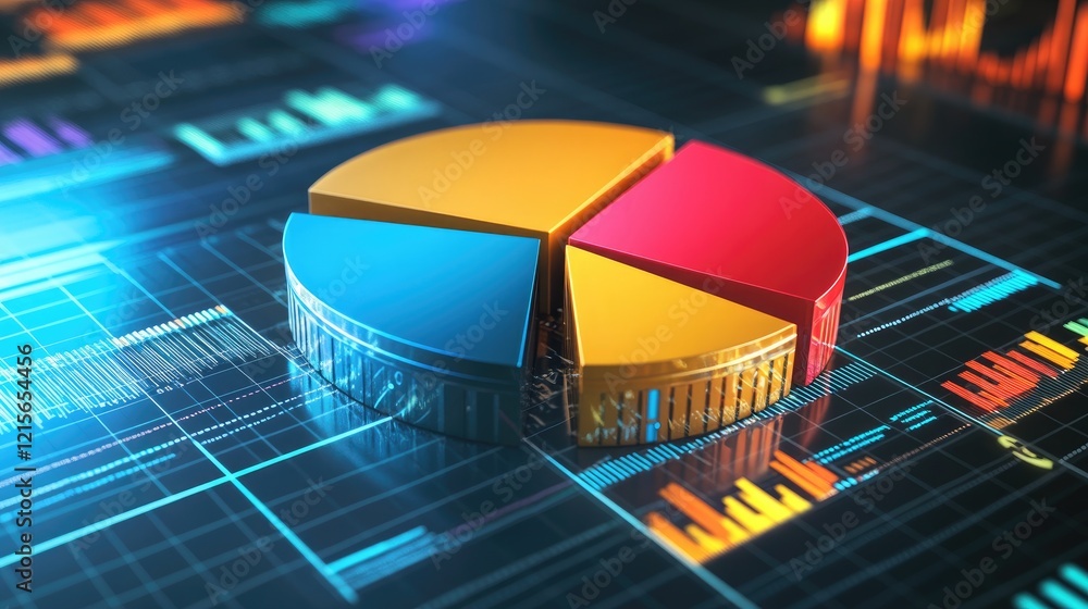 Poster a dynamic d pie chart with vibrant sections, hovering above a grid background with digital data and 