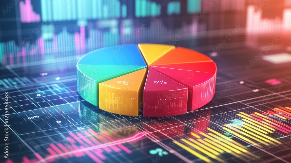 Poster a dynamic d pie chart with vibrant sections, hovering above a grid background with digital data and 