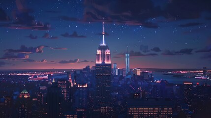 A breathtaking New York skyline at night, with glowing skyscraper windows, intricate architecture, and a starry sky contrasting the city lights.