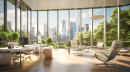 Blurred coastal office retreat with large windows offering a sea view, perfect for Zoom or Google Meet background featuring a modern workspace.

