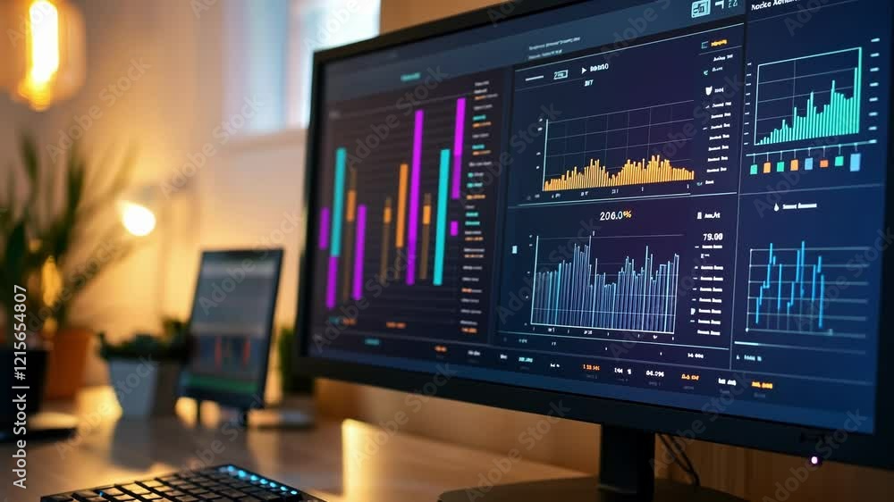 Poster large monitor displays various colorful financial charts and graphs, indicating data analysis and ma