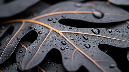 Water droplets on dark, textured foliage fill frame for nature design, wallpaper, and backgrounds