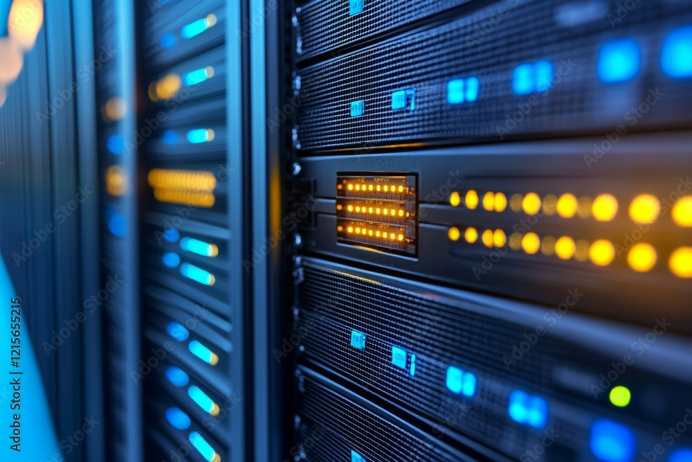 Poster close-up of illuminated data servers in a modern data center