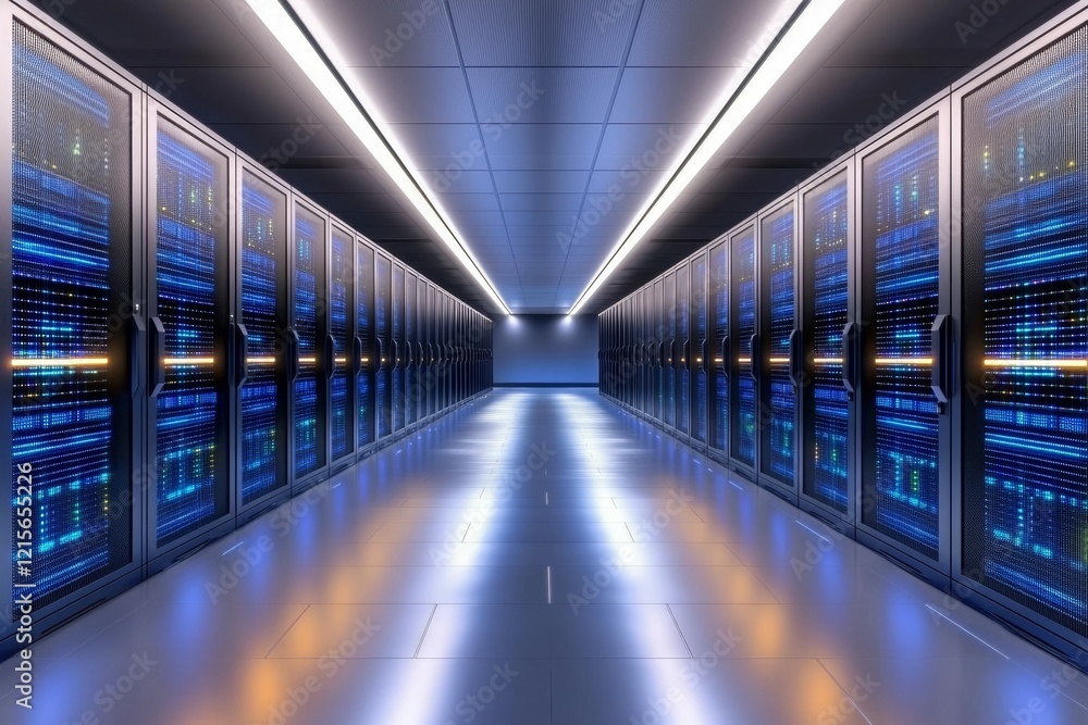 Poster modern data center corridor with illuminated server racks