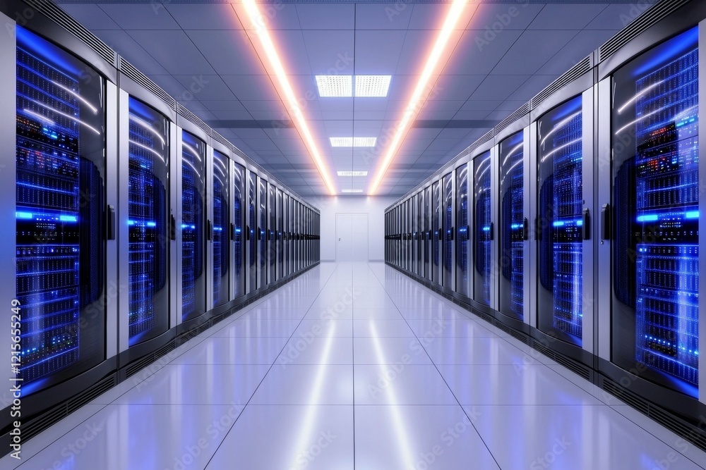 Poster modern data center with illuminated server racks in high-tech facility