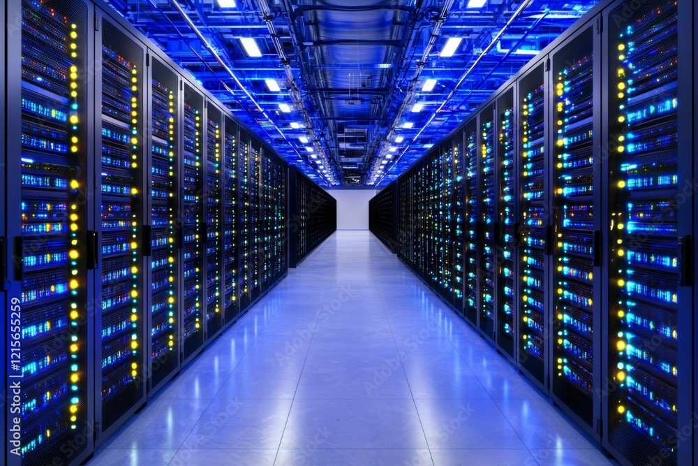 Poster modern data center with blue lighting and rows of server racks