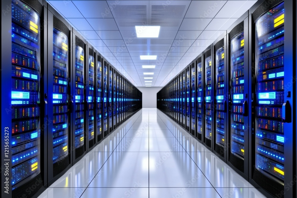 Aufkleber modern data center with illuminated server racks in a symmetrical hallway