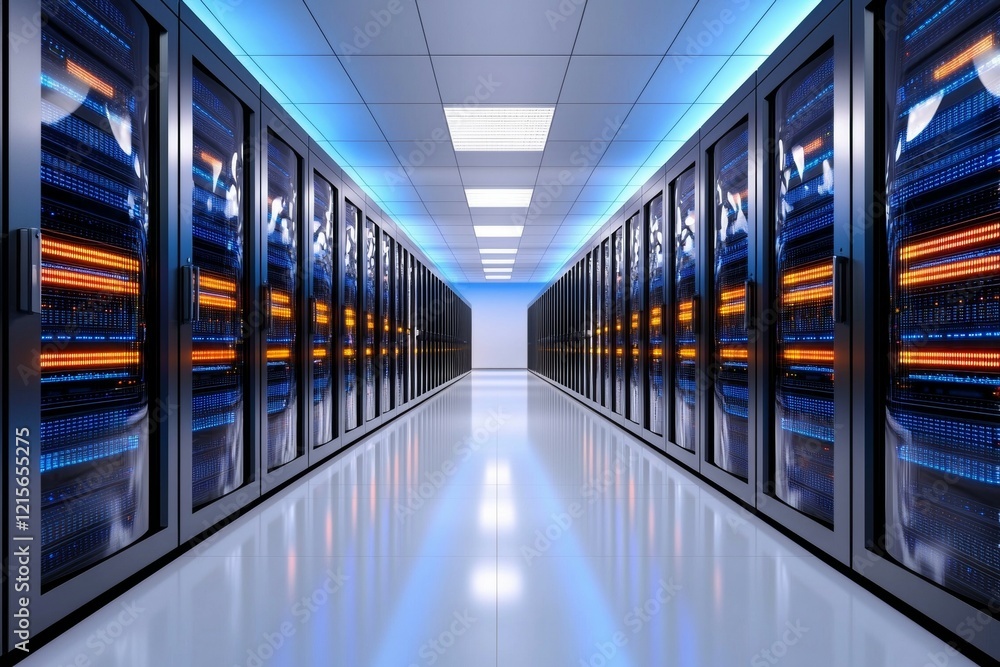 Aufkleber modern data center with illuminated server racks in a symmetrical hallway