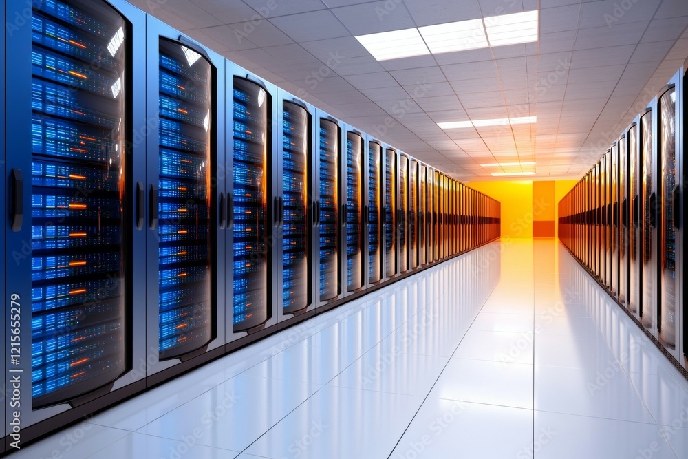 Poster modern data center with advanced server racks and bright lighting