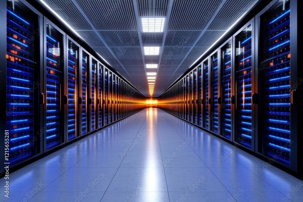Poster vast data center with illuminated server racks reflecting neon lights