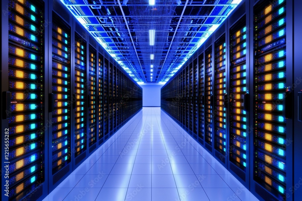 Poster futuristic data center with illuminated servers and reflective flooring
