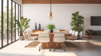 Blurred coastal office retreat with large windows offering a sea view, perfect for Zoom or Google Meet background featuring a modern workspace.

