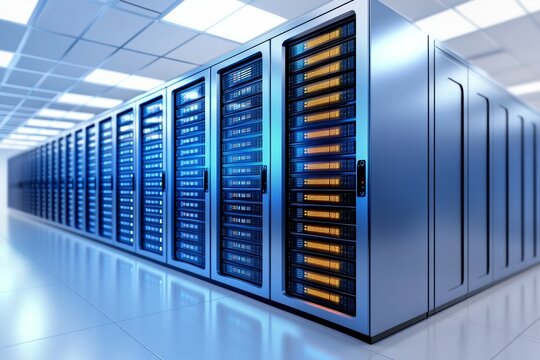 Modern data center with high-tech server racks in futuristic environment