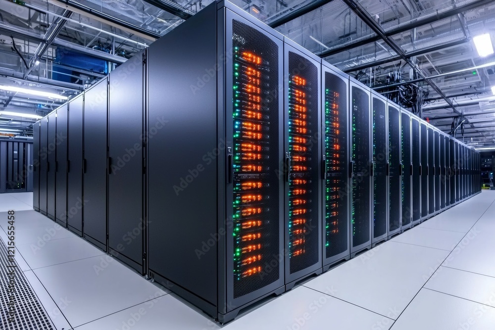 Poster modern data center with server racks and led lights