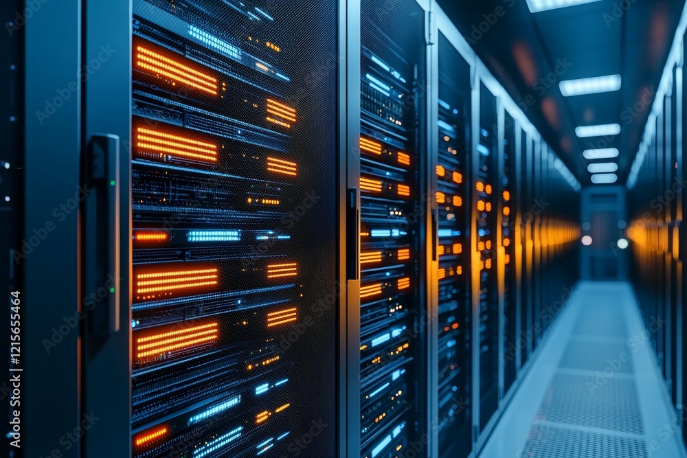 Poster modern data center with illuminated server racks and advanced cooling system