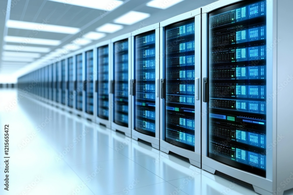 Poster large modern data center with rows of illuminated servers