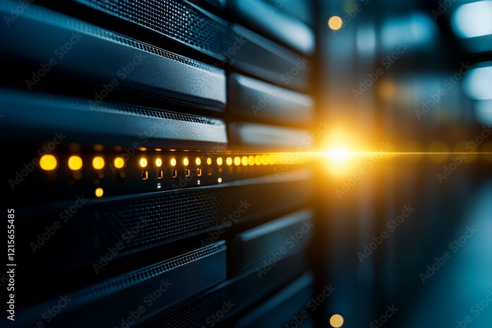 Poster close-up of modern data server with bright led lights in a technology center