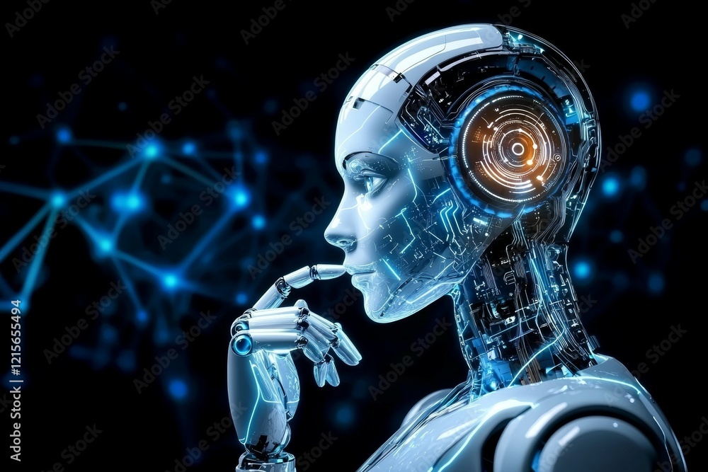 Aufkleber futuristic female robot with circuitry and neural network background