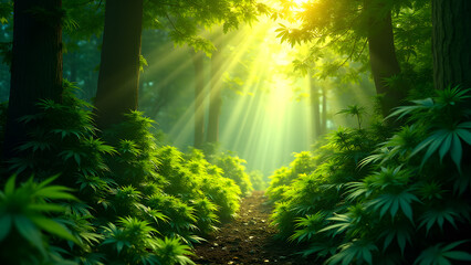 Obraz premium A surreal forest entirely made of glowing marijuana leaves, illuminated with green and golden hues, detailed textures, and magical sunlight filtering through.