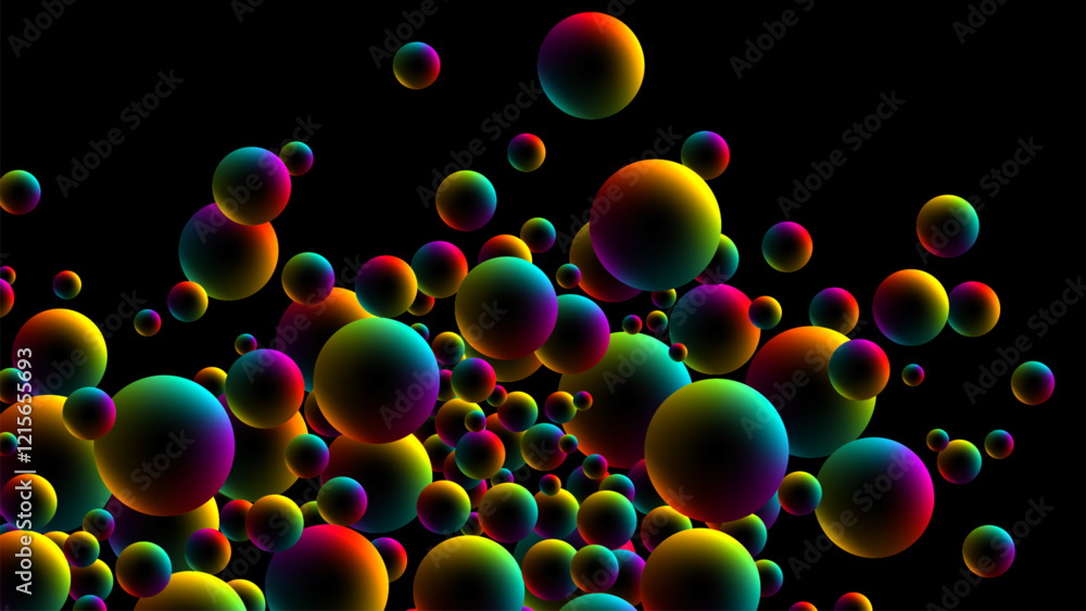 Poster vibrant glowing spheres or bubbles with smooth rainbow gradients floating on dark background. vivid 