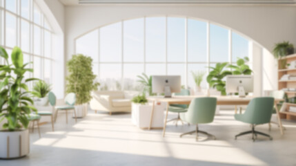 Blurred coastal office retreat with large windows offering a sea view, perfect for Zoom or Google Meet background featuring a modern workspace.

